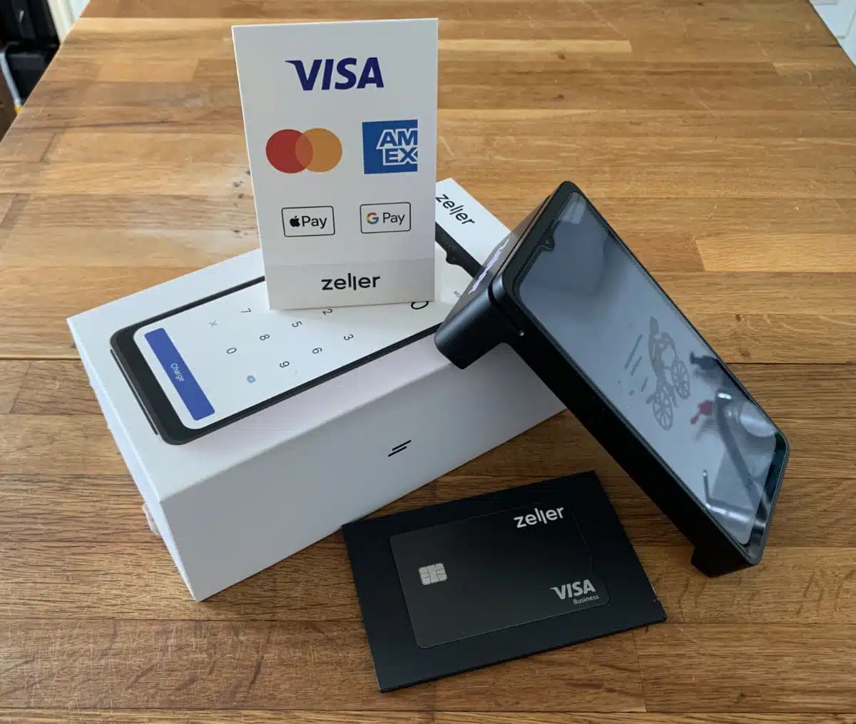 Zeller Terminal comes in a sturdy box with a debit card, card decals and a charger Our Zeller Terminal box contents
