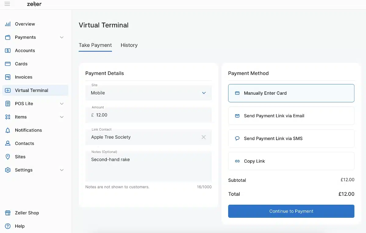 Zeller Virtual Terminal lets you account keyed payments remotely and send payment requests Zeller Virtual Terminal is accessed in the browser Dashboard