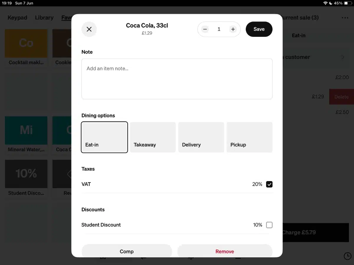 The free Square POS app has many useful options for in-person and remote sales Square Point of Sale has various item options to select during a sale
