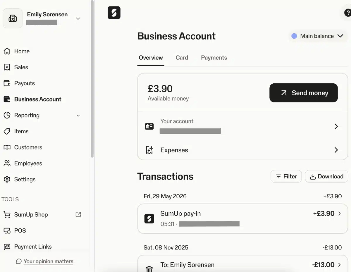 SumUp Business Account dashboard in a web browser