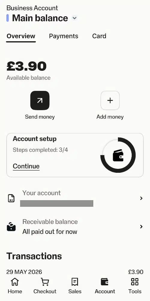 SumUp Business Account overview in the app