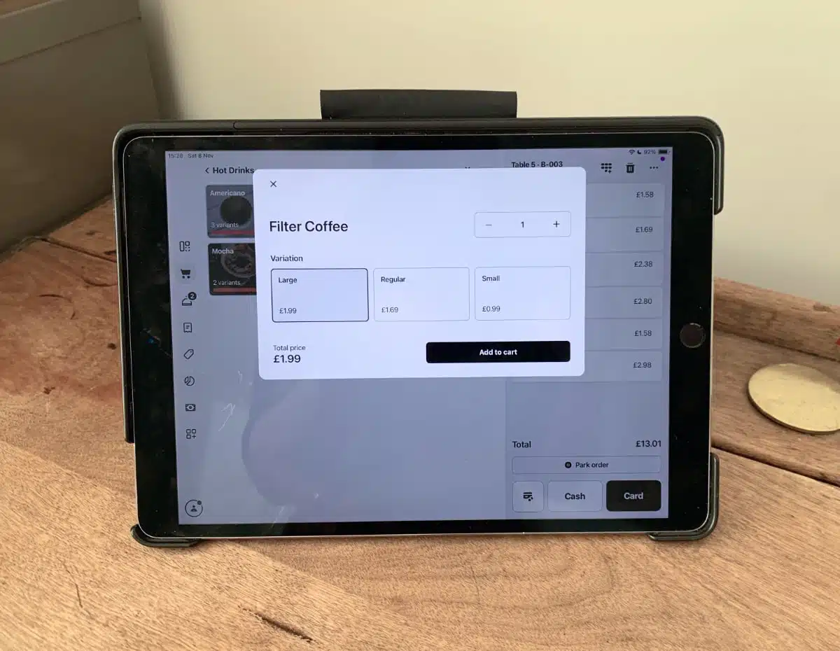 SumUp POS app has a product library with variants and options SumUp POS app on iPad has an items library with variants