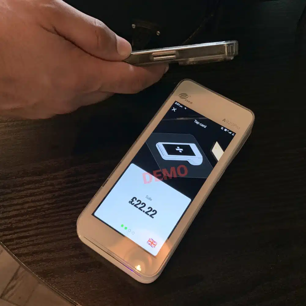 Flatpay terminal accepts contactless wallets like any other card machine Flatpay terminal accepting contactless phone payment