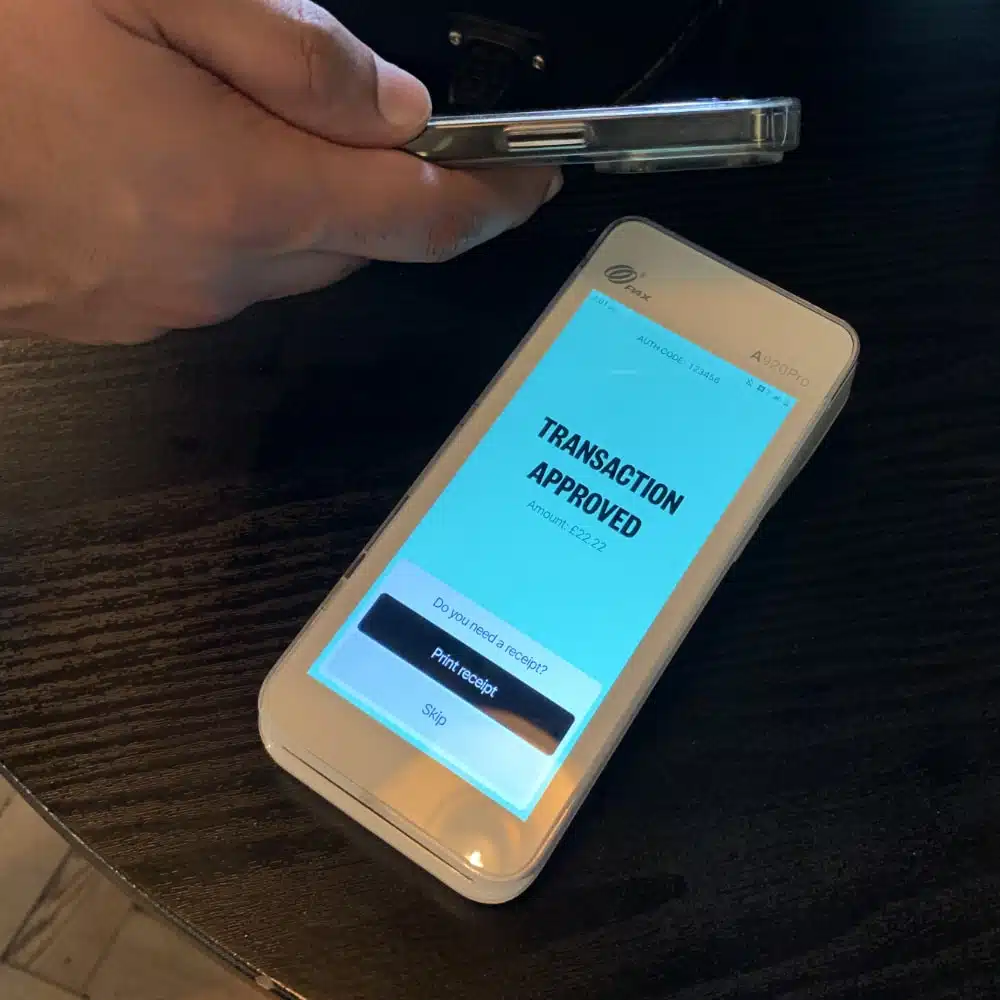 The Flaypay card machine is straightforward for transactions Phone transaction accepted on a Flatpay terminal